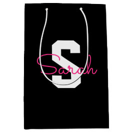 Süßer Name & Monogramm | Schwarz Weiß & Rosa Mittlere Geschenktüte