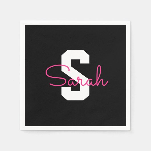 Süßer Name & Monogramm | Schwarz Weiß & Rosa Serviette (Vorderseite)
