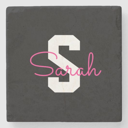 Süßer Name & Monogramm | Schwarz Weiß & Rosa Steinuntersetzer (Vorderseite)