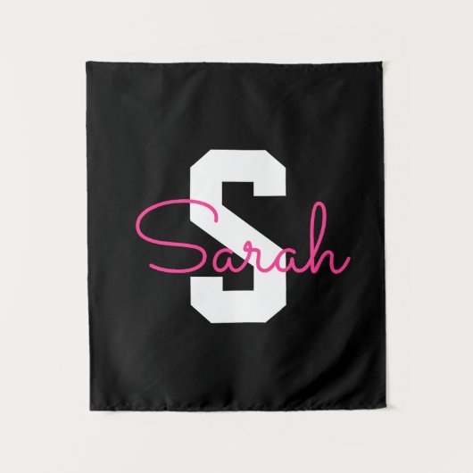 Süßer Name & Monogramm | Schwarz Weiß & Rosa Wandteppich (Vorderseite)