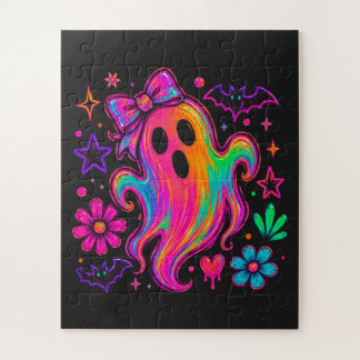 Süßer Neon-Regenbogen-Halloween-Geist mit Schleife Puzzle