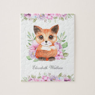 Süßer niedlicher rosa floraler Fuchs-Name Puzzle