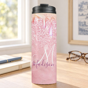 Süßer Ombre-Roségold-Faux-Glitter-Tropfen-Monogram Thermosbecher
