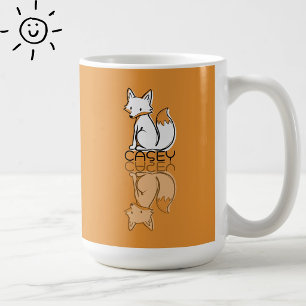 Süßer orangefarbener Fuchs-Reflektions-Doodle mit Kaffeetasse