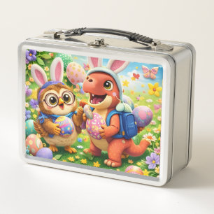 Süßer Osterhase Dinosaurier und Eule Pastell Metal Metall Brotdose
