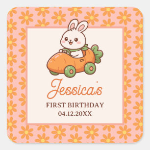 Süßer Osterhase Floral 1. Geburtstagsfeier Quadratischer Aufkleber