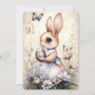 Süßer Osterhase hält Ei in Wildblumen Feiertagskarte