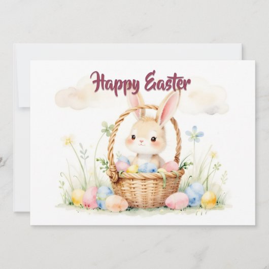 Süßer Osterhase im Korb mit bunten Eiern (Vorderseite)