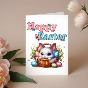 Süßer Osterhase im Korb mit Eiern und Blumen Dankeskarte