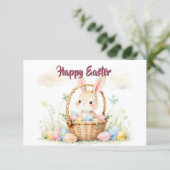 Süßer Osterhase im Korb mit farbenfrohen Eiern (Stehend Vorderseite)