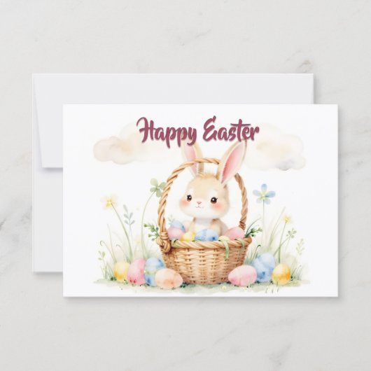 Süßer Osterhase im Korb mit farbenfrohen Eiern (Vorderseite)