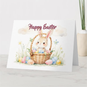 Süßer Osterhase im Korb mit farbenfrohen Eiern Dankeskarte