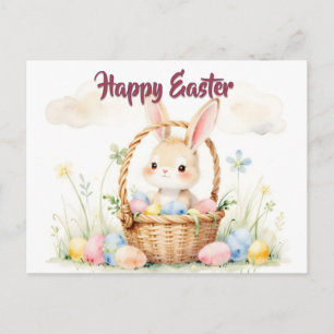 Süßer Osterhase im Korb mit farbenfrohen Eiern Postkarte