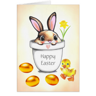 Süßer Osterhase in einem Pflanzkübel & goldene Eie