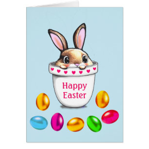 Süßer Osterhase in einem Pflanzkübel und bunte Eie