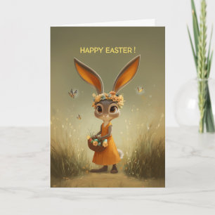 Süßer Osterhase in orangem Kleid mit Korb Karte