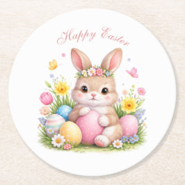 Süßer Osterhase Kaninchen Rosa Peonie Runder Pappuntersetzer
