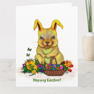 Süßer Osterhase mit Eiern und Blumen Karte