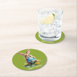 Süßer Osterhase mit einem Osterei - Runder Pappuntersetzer