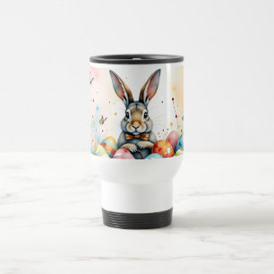 Süßer Osterhase mit farbenfrohen bemalten Eiern Reisebecher