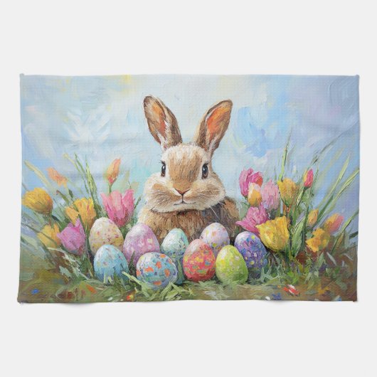 Süßer Osterhase mit farbigen Eiern Geschirrtuch (Horizontal)