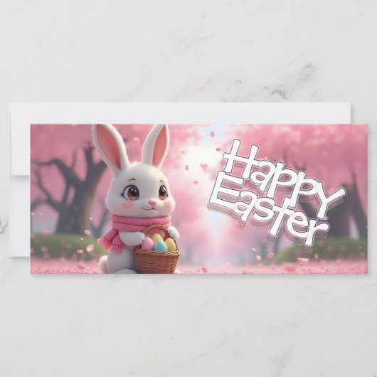 Süßer Osterhase mit Korb und bunten Eiern (Vorderseite)