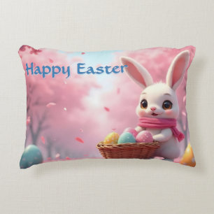 Süßer Osterhase mit Korb voller bunter Eier Dekokissen