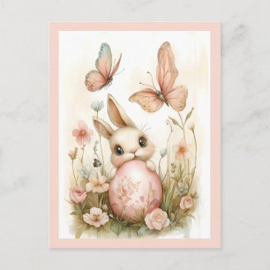 Süßer Osterhase mit Schmetterlingen und Blumen Feiertagspostkarte