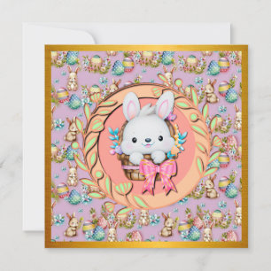 Süßer Osterhase sitzt im Korb Einladung