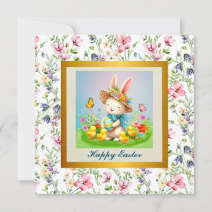 Süßer Osterhase und fröhliche Frühlingsblumen Feie Einladung