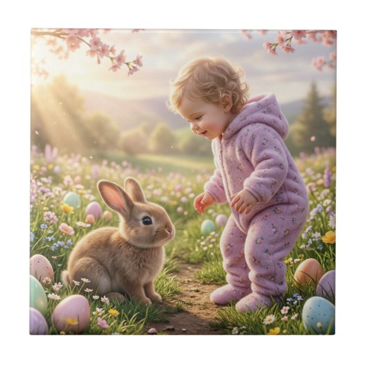 Süßer Osterhase und Kind Fliese (Vorderseite)