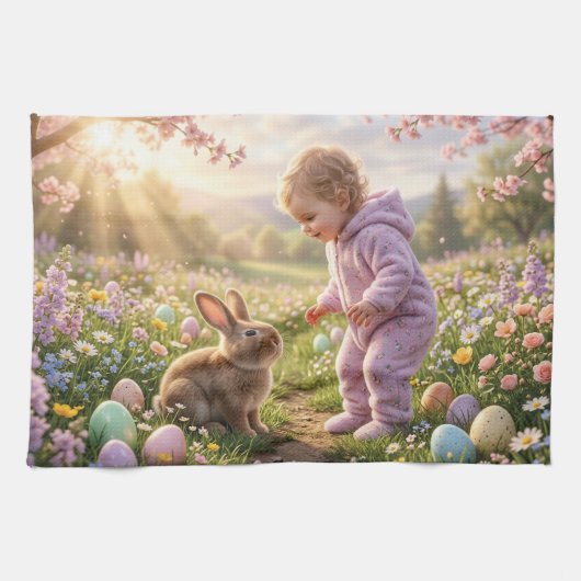 Süßer Osterhase und Kind Geschirrtuch (Horizontal)