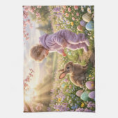 Süßer Osterhase und Kind Geschirrtuch (Vertikal)