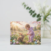 Süßer Osterhase und Kind Postkarte (Stehend Vorderseite)