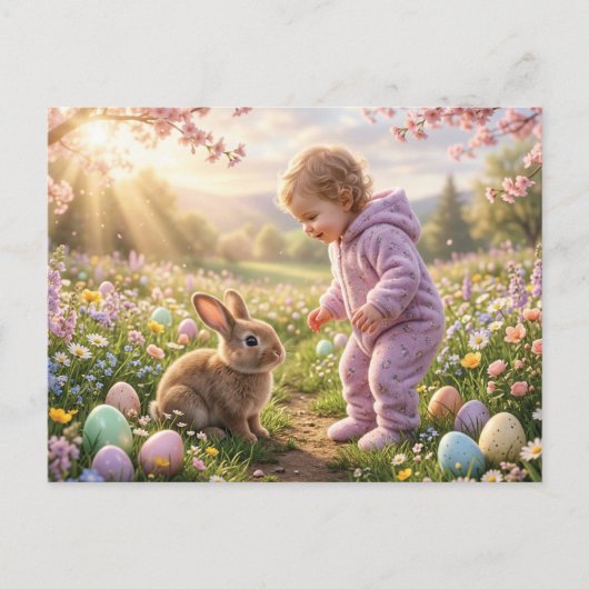 Süßer Osterhase und Kind Postkarte (Vorderseite)
