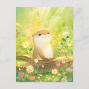 Süßer Otter auf sonniger Wildblumenwiese Postkarte