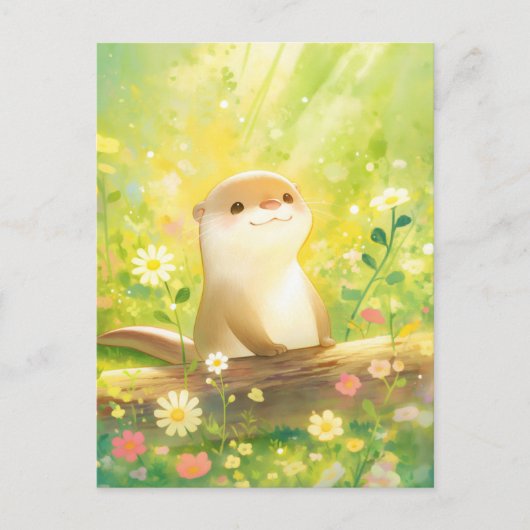 Süßer Otter auf sonniger Wildblumenwiese Postkarte (Vorderseite)