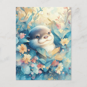 Süßer Otter in blauer botanischer Wiese Postkarte