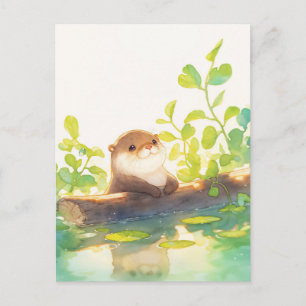 Süßer Otter ruht auf moosbedecktem Flussstamm Postkarte