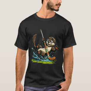 Süßer Otter spielt Hockey und spritzt auf der Teic T-Shirt