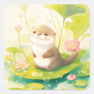 Süßer Otterbabys auf einem Seerosenblatt stehend Quadratischer Aufkleber