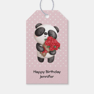 Süßer Panda-Bär mit Rosenstrauß zum Geburtstag Geschenkanhänger