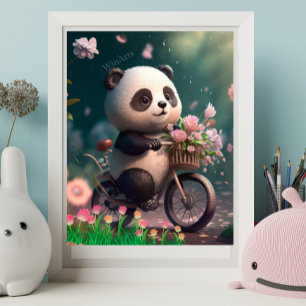 Süßer Panda fährt mit Blumen Fahrrad Kunst Poster