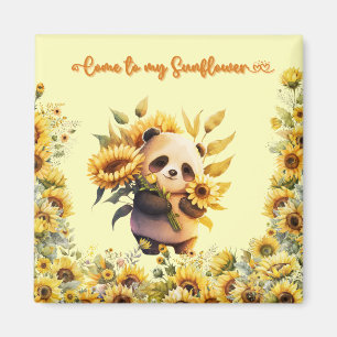 Süßer Panda hält Sonnenblumen   Quadratischer Magn Magnet