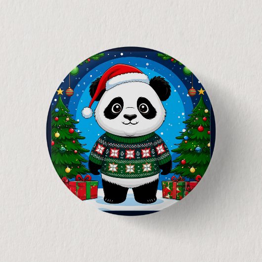 Süßer Panda in Weihnachtspullover trägt Santa-Hut Button (Vorderseite)
