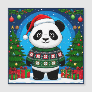 Süßer Panda in Weihnachtspullover trägt Santa-Hut Magnetkarte