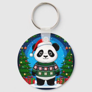 Süßer Panda in Weihnachtspullover trägt Santa-Hut Schlüsselanhänger