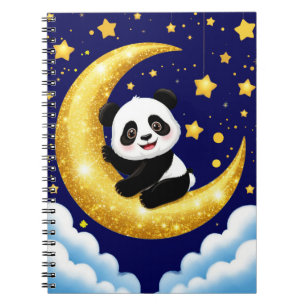 Süßer Panda sitzt auf einem goldenen Halbmond Notizblock