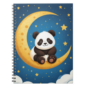 Süßer Panda sitzt auf einem goldenen Halbmond Notizblock