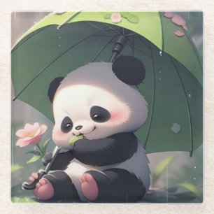 Süßer Panda unter dem Regenschirm-Unterleger Kaw Glasuntersetzer